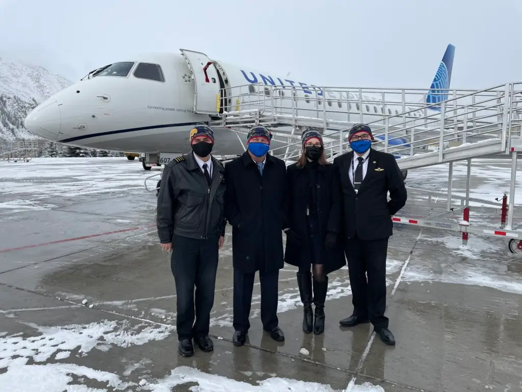 Behind those masks are the happy faces of the crew of United Express/SKW5287 as they arrived on time, from San Francisco using SUN’s new next- gen instrument approach. (KSUN PHOTO BY: Chris Pomeroy)
